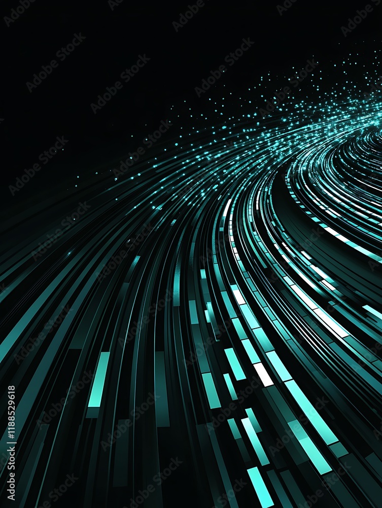 Poster Abstract digital flow, glowing lines, dark background.  Possible use Technology, futuristic design