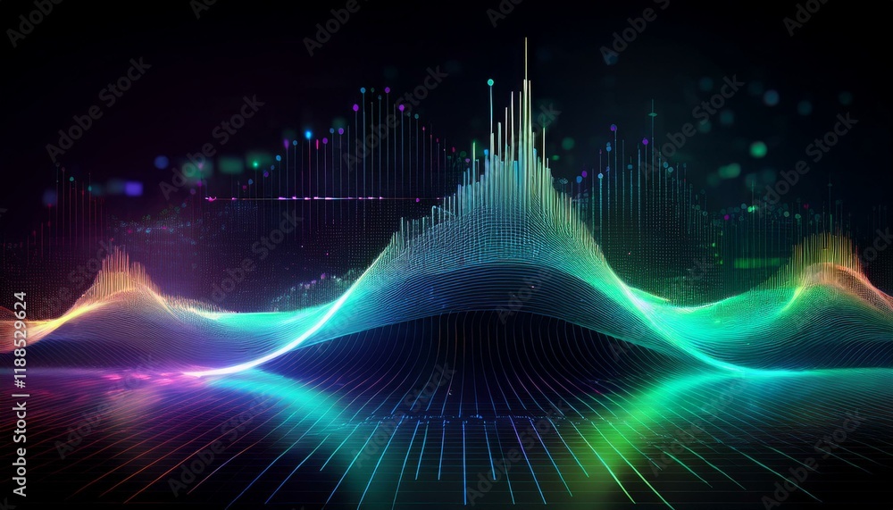 Poster an abstract digital landscape with vibrant, swirling colors and lines. the image is a mesmerizing de