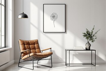 Contemporary room with leather armchair, minimalist wall art, table, and plant on light background. Concept of modern interior design