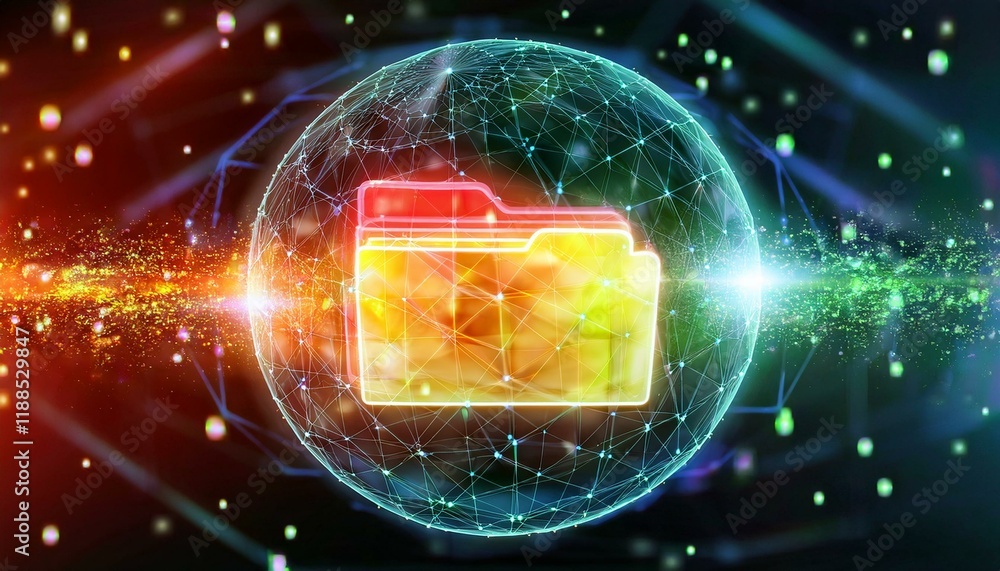 Poster digital data security: a stylized folder icon encased within a glowing sphere of digital data, signi