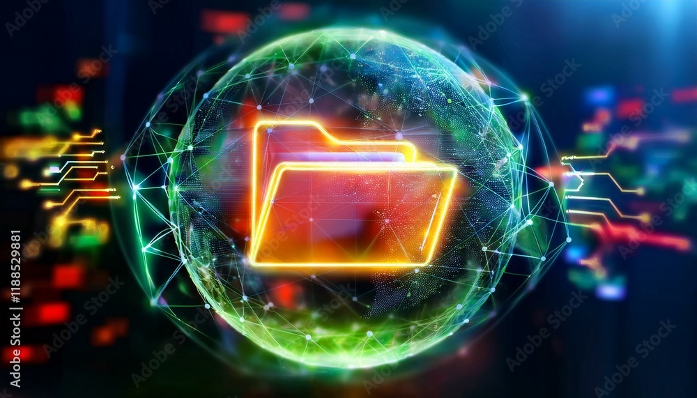 Poster global data network: a stylized folder icon glows brightly within a vibrant, multi-colored network o