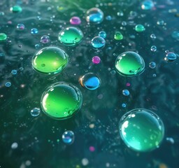 A green and blue background with colorful bubble drops floating on the surface of the water, seaweed, sea creatures