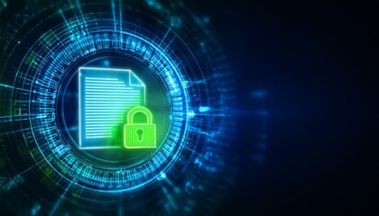 Obraz premium Cybersecurity Document Protection: A glowing digital document icon secured by a padlock sits at the center of a futuristic technological circular interface.