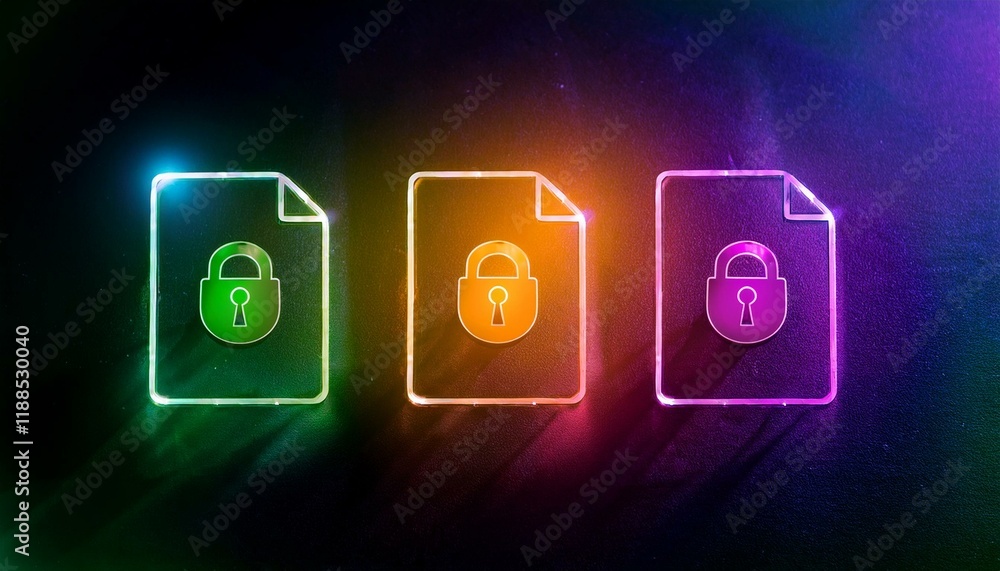 Poster cybersecurity and privacy: three glowing neon documents with padlock icons symbolize the importance 