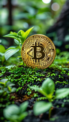 ESG - Environmental, Social and Governance, golden bitcoin in a beautiful lush forest with trees and leaves, renewable cryptocurrency mining, sustainable energy cost concepts for crypto currency	
