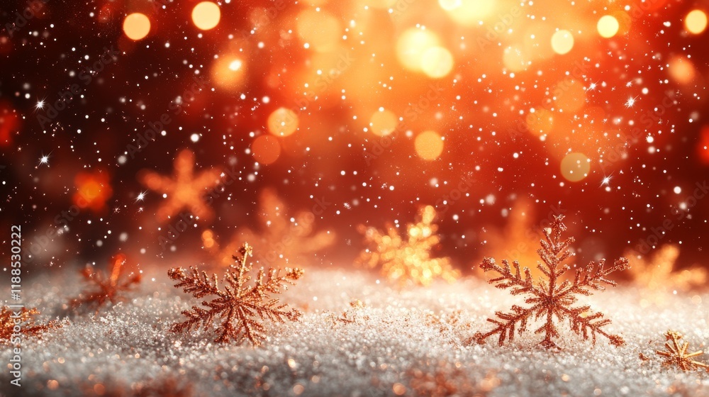Poster sparkling golden snowflakes resting on a bed of shimmering snow with a warm bokeh background creatin