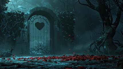 A dark and mysterious digital art piece featuring an open door with heart-shaped glass