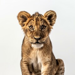 Obraz premium Studio portrait of a cute lion cub sitting against a seamless white backdrop