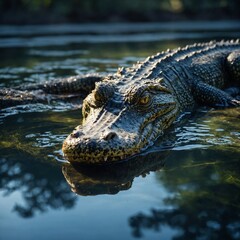 Fototapeta premium A tranquil alligator with translucent skin filled with glowing liquid in a serene abstract pond.