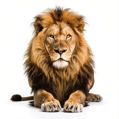 Fototapeta premium Studio shot of a majestic adult male lion lying down against a white backdrop, showcasing its regal presence