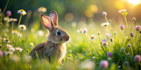 A little rabbit playing in a green meadow with wildflowers and a sunny sky, nature, funny animal