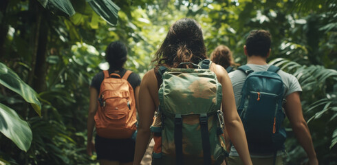 A group of four hikers with backpacks walks through a vibrant rainforest, surrounded by dense green foliage and tropical plants, enjoying a sunny day of exploration.