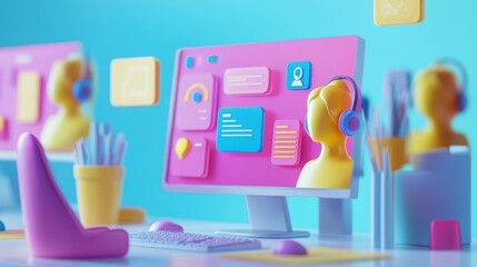 3D model of a customer service team using virtual tools to communicate with clients, with 3D icons representing customer inquiries, service ratings, and real-time support data displayed in a digital