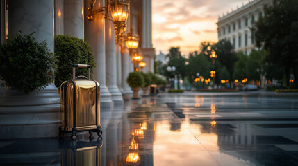 A brass luggage caddy exudes sophistication as it stands at the entrance of a luxury resort hotel, reflecting the amber and crimson hues of a summer sunset, with ornate lanterns an