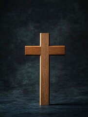 Wooden cross standing on black background. Christian religious holidays. Symbol of faith in God, Christian Feast, Easter, Good Friday, Palm Sunday. Religious Christian concept 