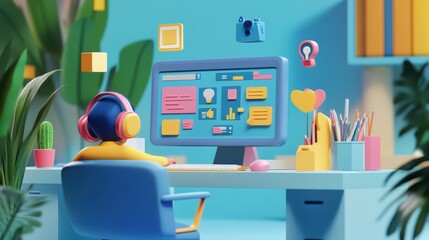 3D model of a customer service team using virtual tools to communicate with clients, with 3D icons representing customer inquiries, service ratings, and real-time support data displayed in a digital