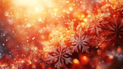 Fototapeta premium Radiant Winter Scene with Sparkling Snowflakes on a Warm Orange Background