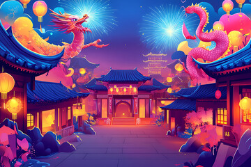 Fototapeta premium Vibrant Chinese New Year Night Scene with Dragons and Fireworks Celebration in Ancient Town