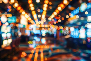 Blurry casino slot machines on cruise ship with bokeh lights.