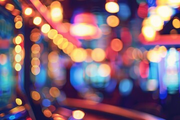 Blurry casino slot machines on cruise ship with bokeh lights.