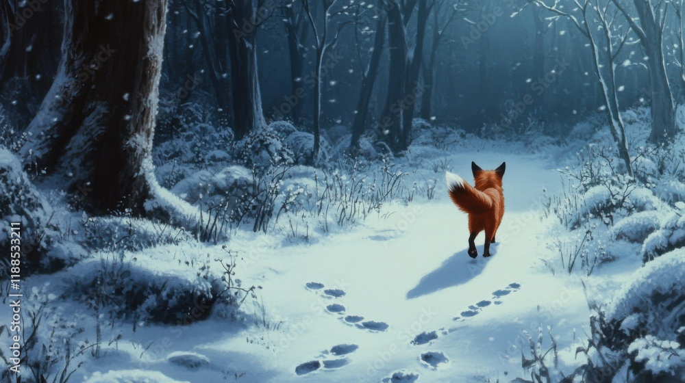 Poster enchanted winter forest scene with fox walking through snowy path surrounded by tall trees under sof
