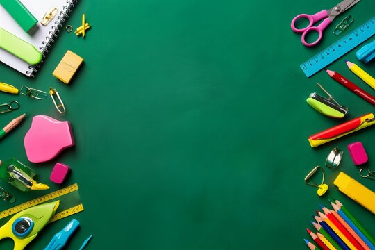 School supplies, green chalkboard background, colorful stationery, pencils, scissors, ruler, glue stick, paper clips, highlighters, sticky notes, erasers, flat lay composition, back to school theme, v - Powered by Adobe