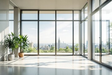 Spacious modern room with large windows, green potted plants, and a stunning cityscape view. Bright, minimalist style. Concept of urban living