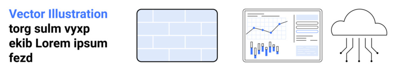Blue text, grey brick wall, data charts, cloud with connections. Ideal for business analysis, tech, operations, networking, data management, modern design, digital strategy. Landing page