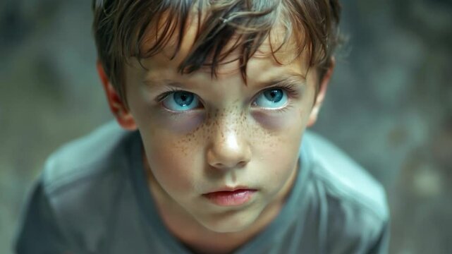 Portrait of a boy with bright eyes and freckles looking at the camera. Suitable for blogs about children, educational materials, social projects.
