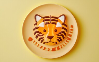 A dessert plate with a tiger face crafted from orange jelly, chocolate stripes, and marshmallow details on a pastel golden yellow backdrop