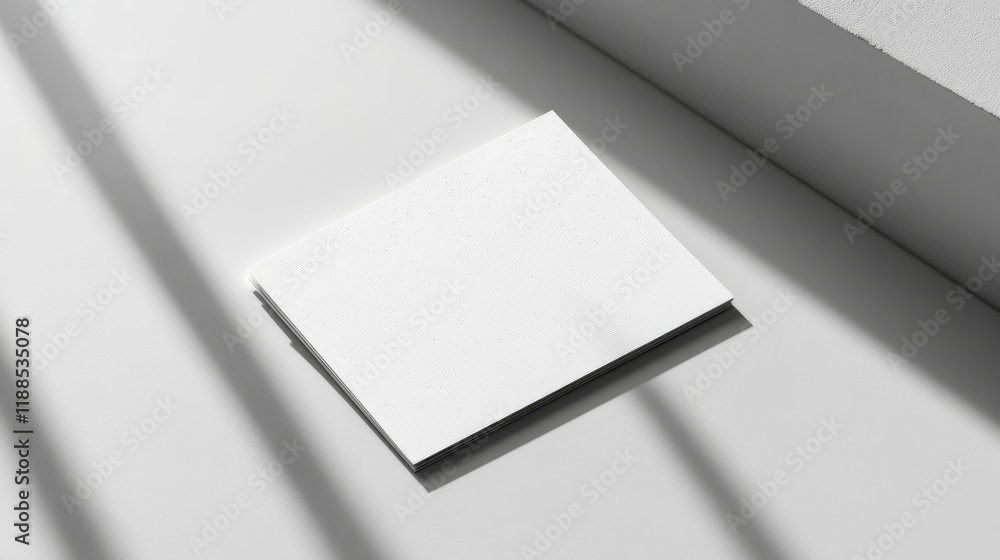 Poster minimalist presentation of a stack of blank cards under natural lighting with subtle shadows creatin