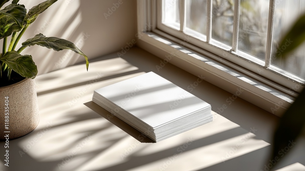 Aufkleber stack of blank white paper sitting on a window sill with sunlight shadows creating a tranquil scene 