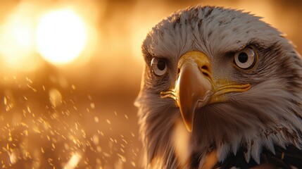 Fototapeta premium A close up of an eagle's head with the sun setting in the background