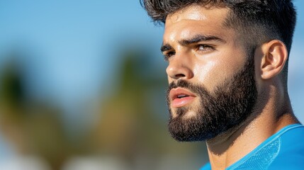 A man with a beard wearing a blue shirt