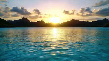 Obraz premium A sunset over a body of water with mountains in the background