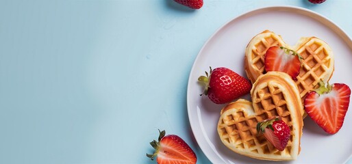 Heart-shaped waffles, fresh strawberries, wooden table, light blue background, breakfast scene, romantic meal, soft lighting, crisp details, rustic charm, cozy atmosphere, homemade food, Valentine's D