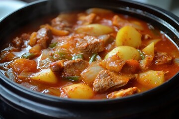 Korean cuisine spicy stew beef soup clay pot dishes marinated beef grilled pork accompaniments like kimchi cucumbers potatoes and veggies