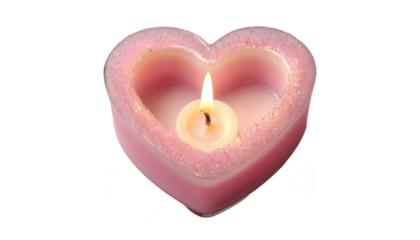 Single heart-shaped candle with a soft flickering flame and a halo of soft pink light, surrounded by tiny sparkles, only on a transparent PNG background 