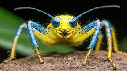 Fototapeta premium A close up of a yellow and blue insect on a rock