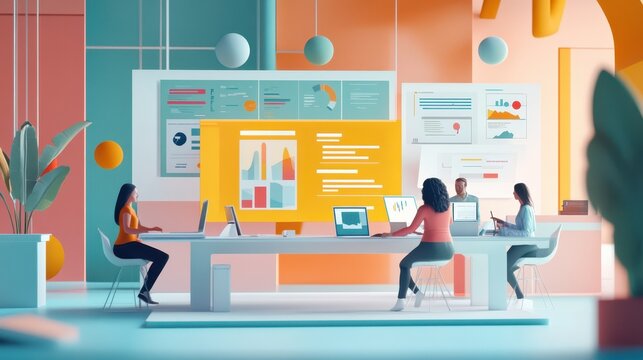 3D model of a business team collaborating on a digital marketing campaign, using floating 3D analytics, performance data, and audience insights displayed in an immersive virtual workspace