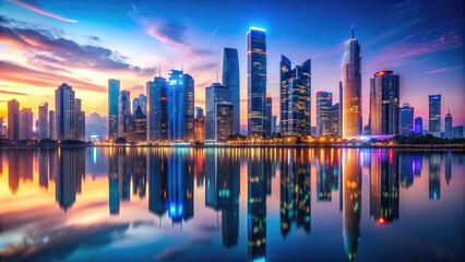 Fototapeta premium A futuristic cityscape at dusk with sleek skyscrapers and neon lights reflecting off a calm body of water, water reflections, urban landscape, evening atmosphere, architecture, metropolis