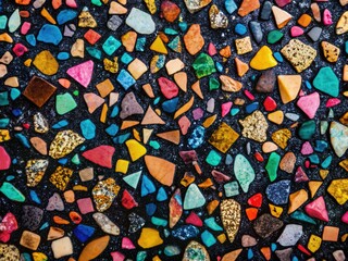 Aerial view of vibrant terrazzo tiles forming an abstract geometric mosaic, perfect for wallpaper.