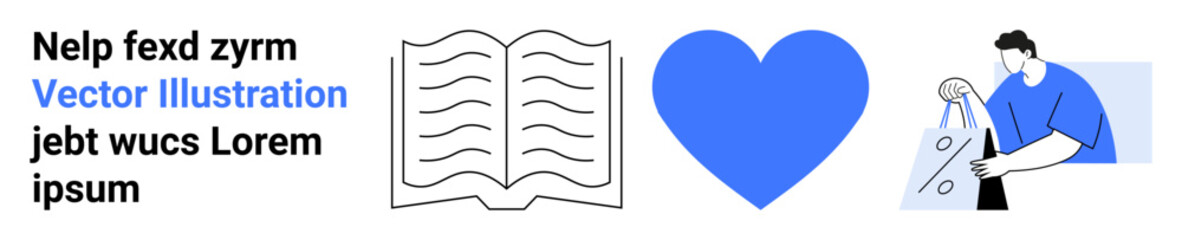 Open book with text lines, large blue heart, and person carrying shopping bags. Ideal for education, literature, love, shopping, retail marketing and community engagement. Landing page