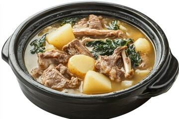 Korean pork bone and potato soup gamjatang on white background