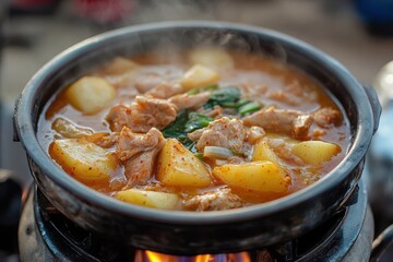 Korean pork bone and potato soup gamjatang cooking on a portable stove
