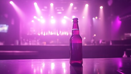 Single bottle on bar counter in a nightclub with purple lighting