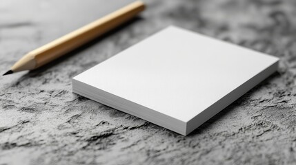 Blank white paper stack with wooden pencil on textured gray surface for creative writing or mockup design projects