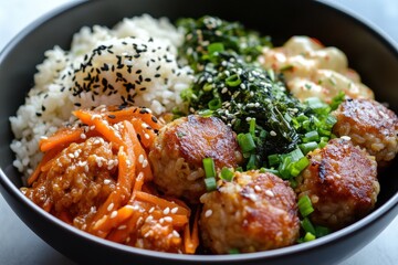Fototapeta premium Korean rice balls with ham sausage sesame and stir fried carrots accompanied by chicken popcorn