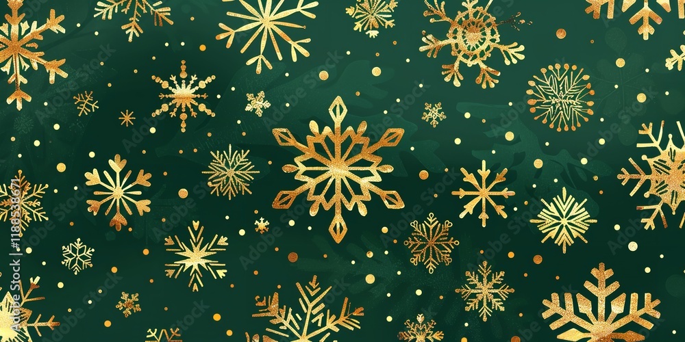Poster golden snowflakes are shown in close-up on a green background that is studio-clean with enough of ro