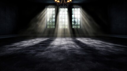 A dark room with a chandelier and a window